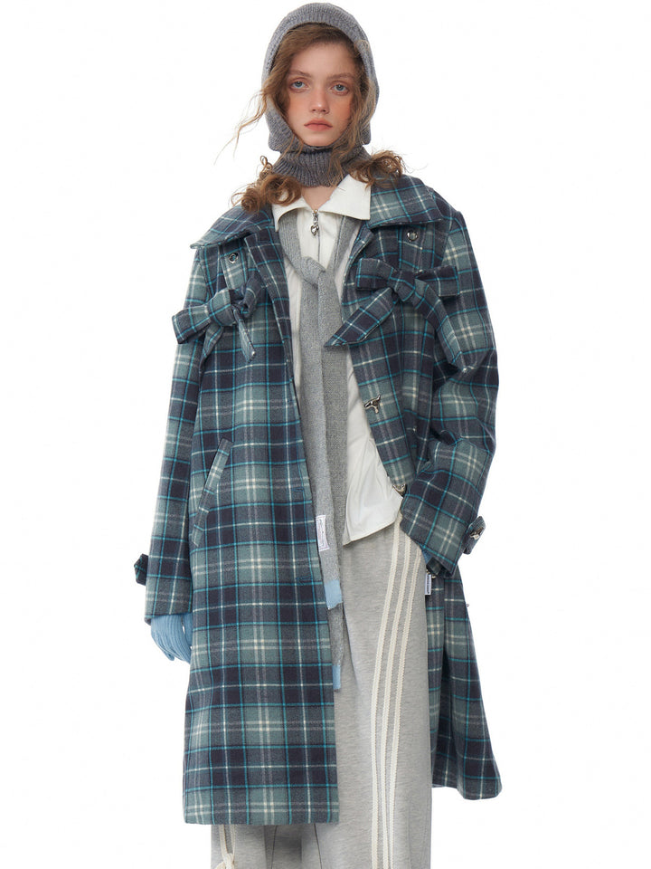 Blue Plaid Bow Longline Coat