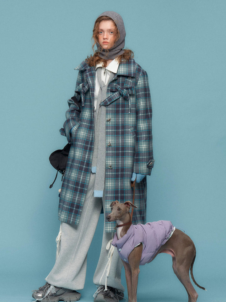 Blue Plaid Bow Longline Coat