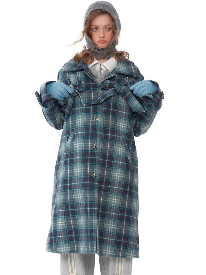Blue Plaid Bow Longline Coat