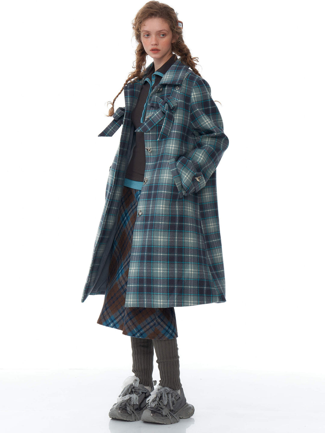 Blue Plaid Bow Longline Coat