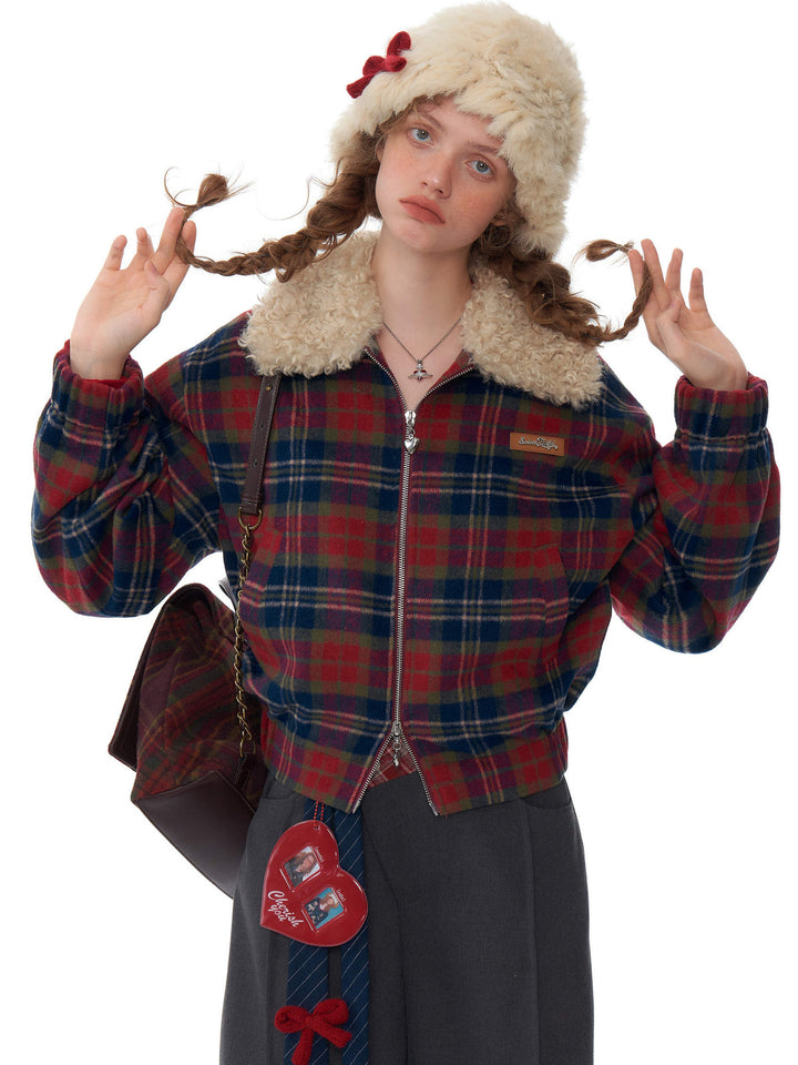 Retro Plaid Plush Collar Jacket