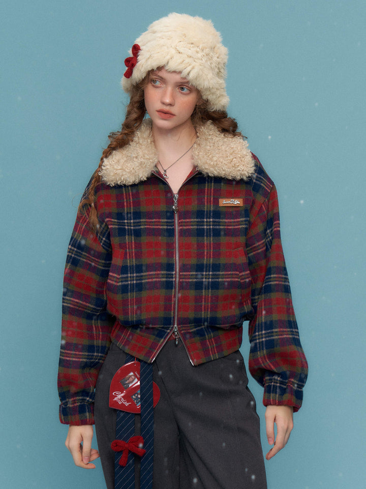 Retro Plaid Plush Collar Jacket