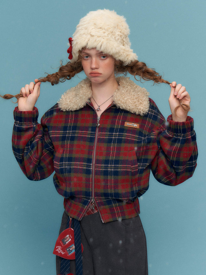 Retro Plaid Plush Collar Jacket