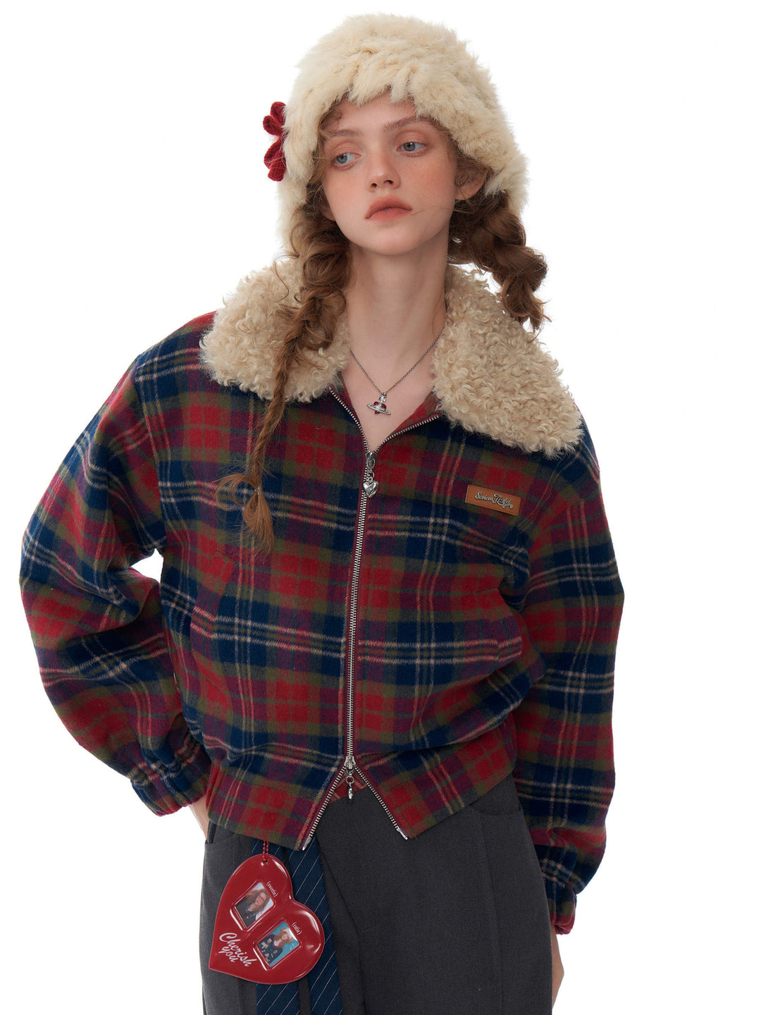 Retro Plaid Plush Collar Jacket