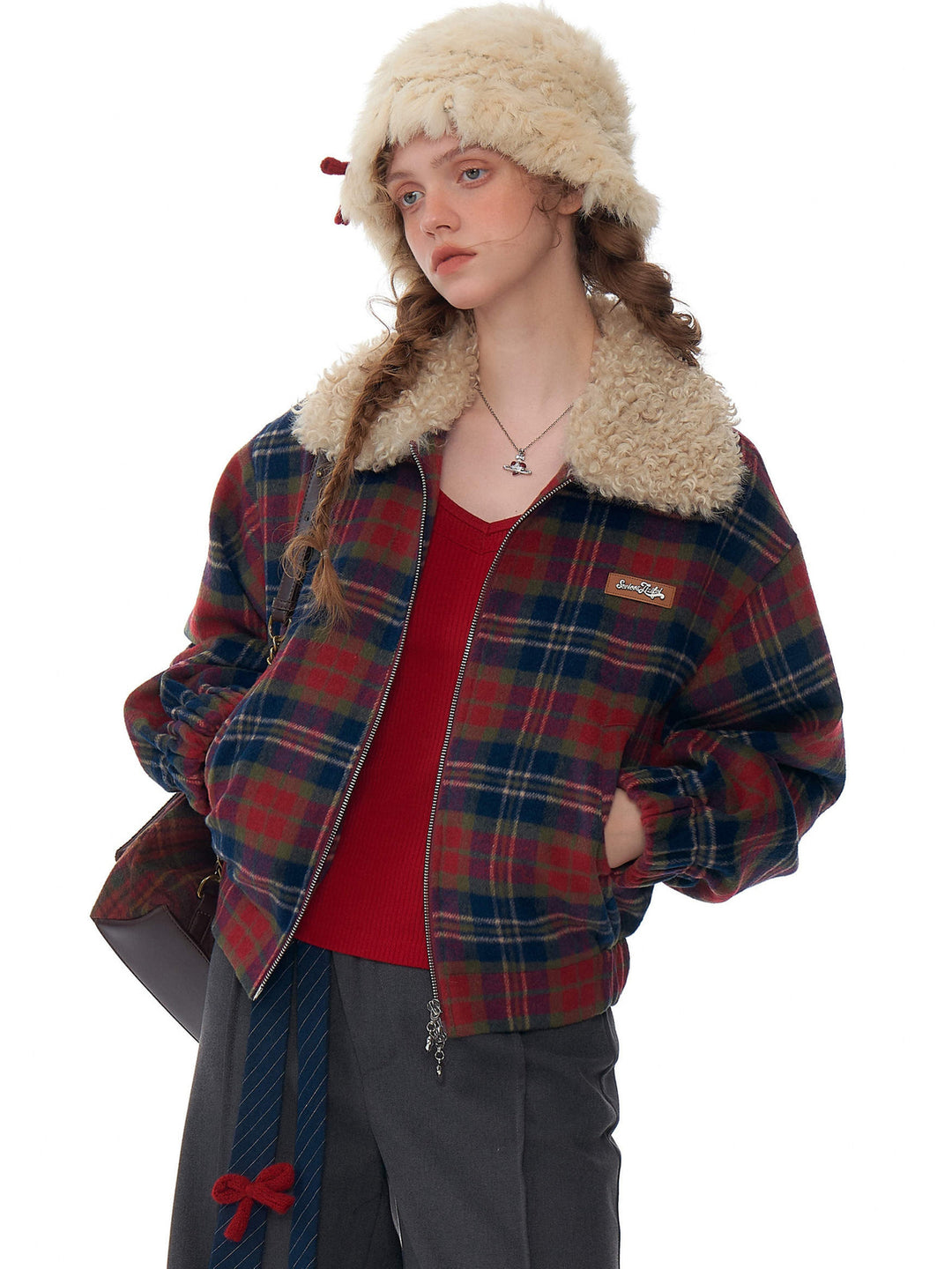 Retro Plaid Plush Collar Jacket