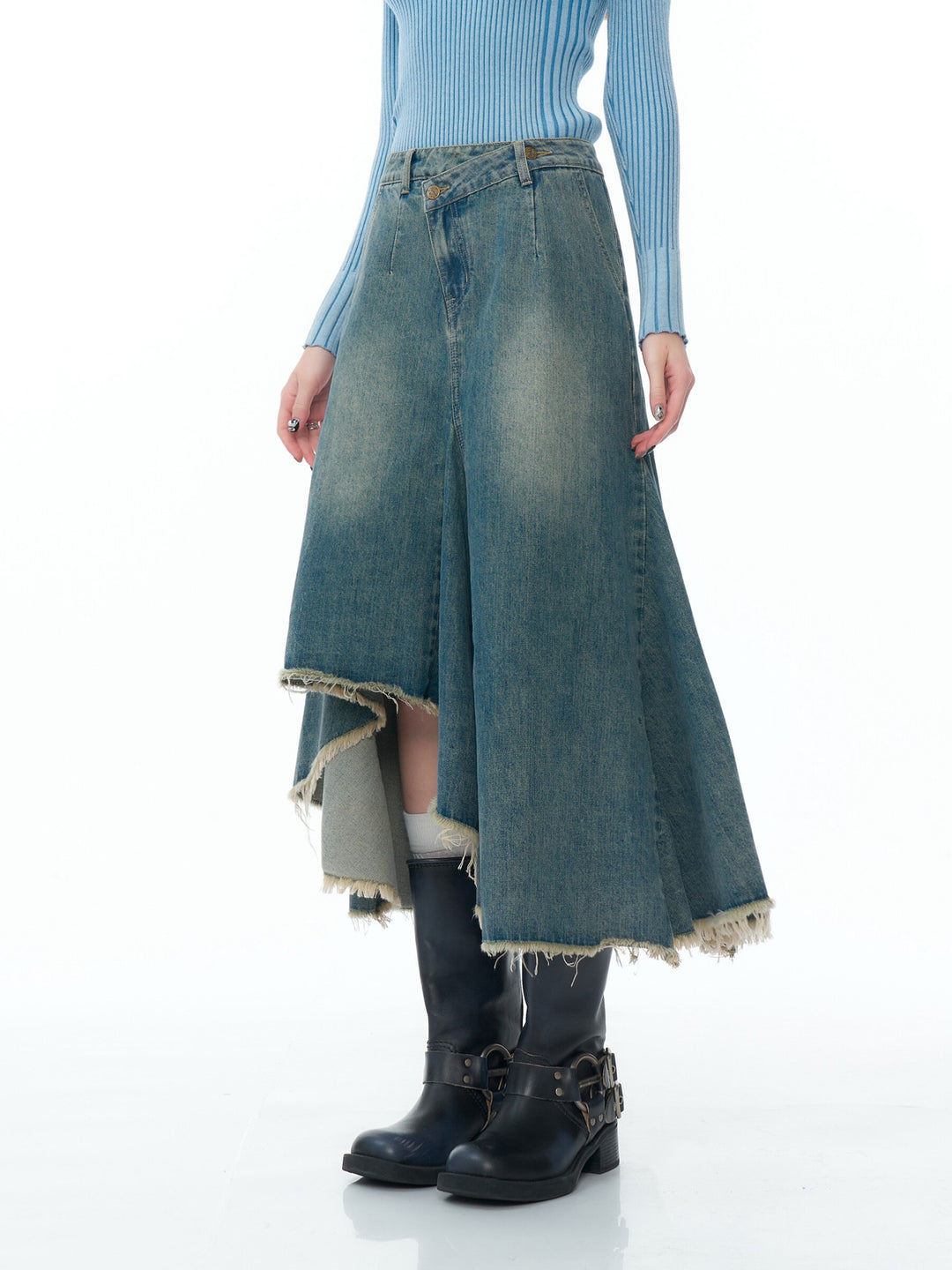 Asymmetric Frayed Hem Denim Midi Skirt