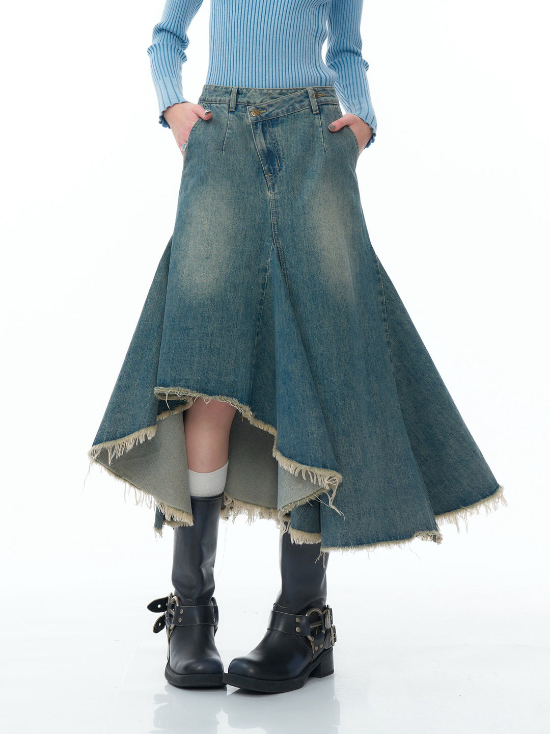 Asymmetric Frayed Hem Denim Midi Skirt