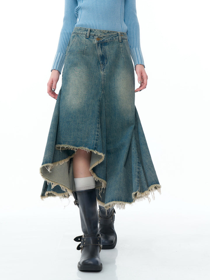 Asymmetric Frayed Hem Denim Midi Skirt