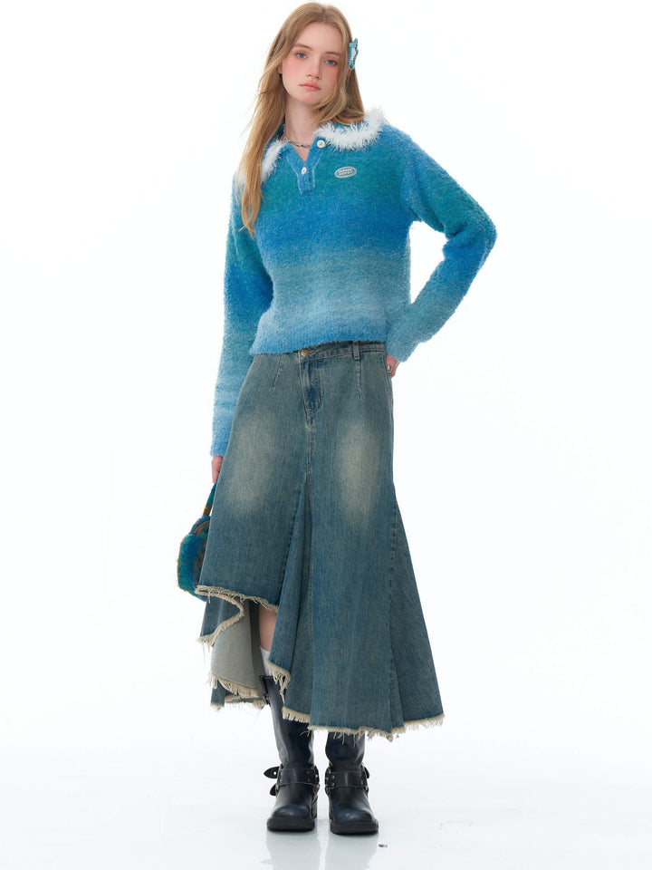Asymmetric Frayed Hem Denim Midi Skirt