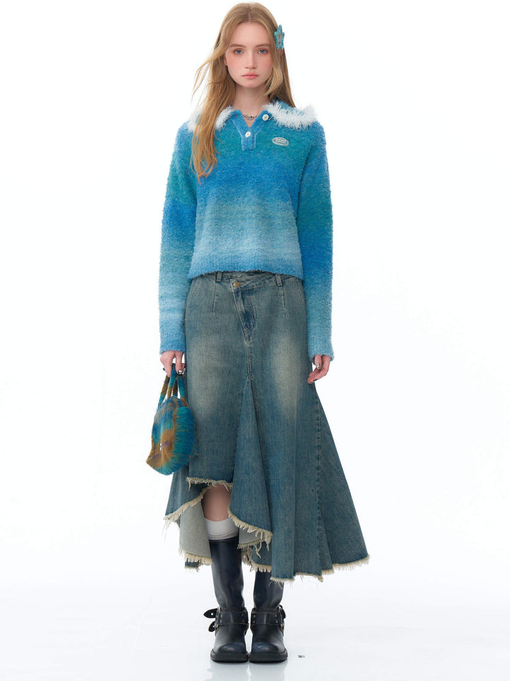 Asymmetric Frayed Hem Denim Midi Skirt