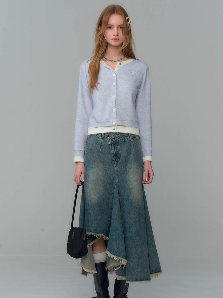 Asymmetric Frayed Hem Denim Midi Skirt