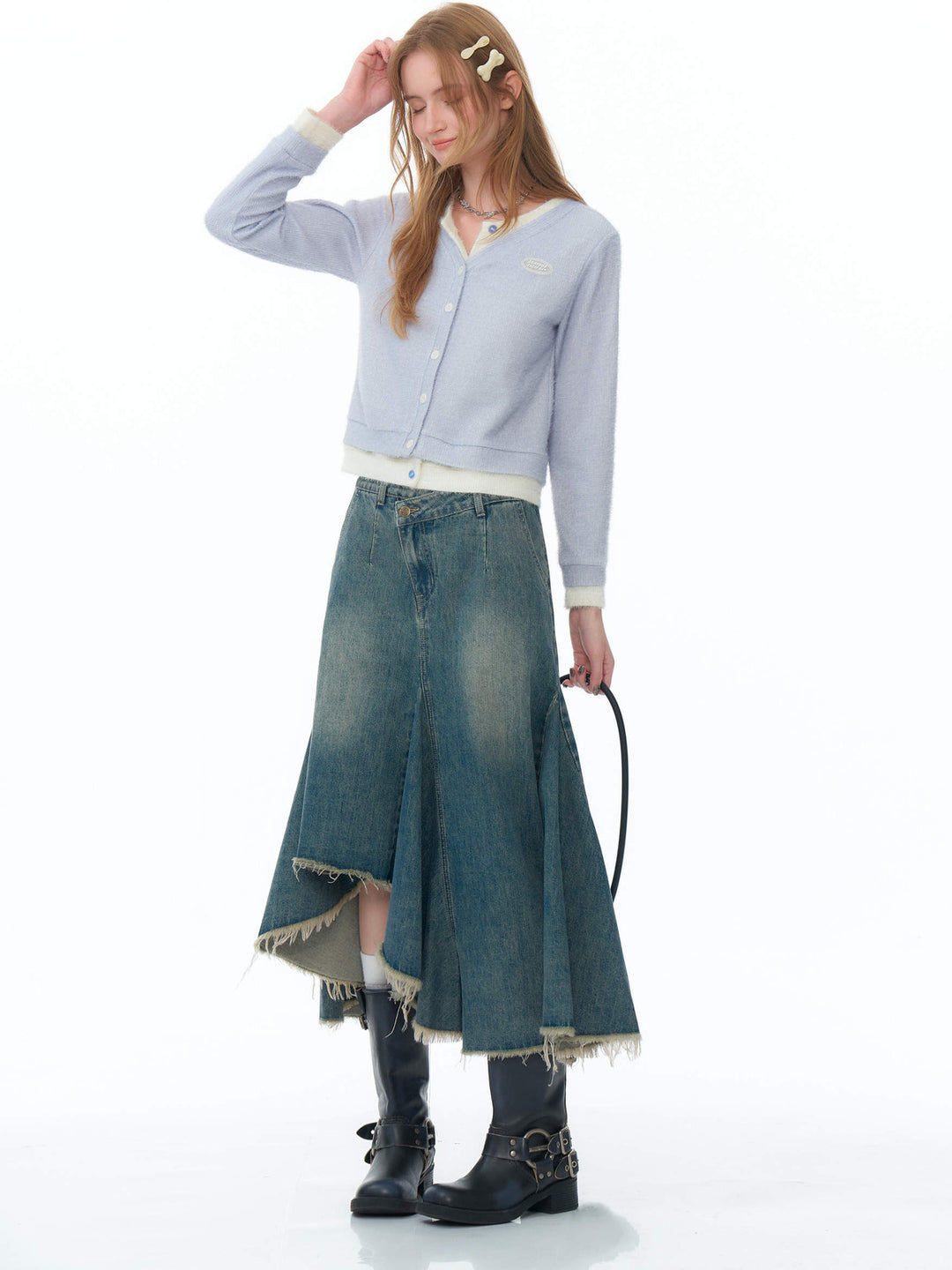 Asymmetric Frayed Hem Denim Midi Skirt