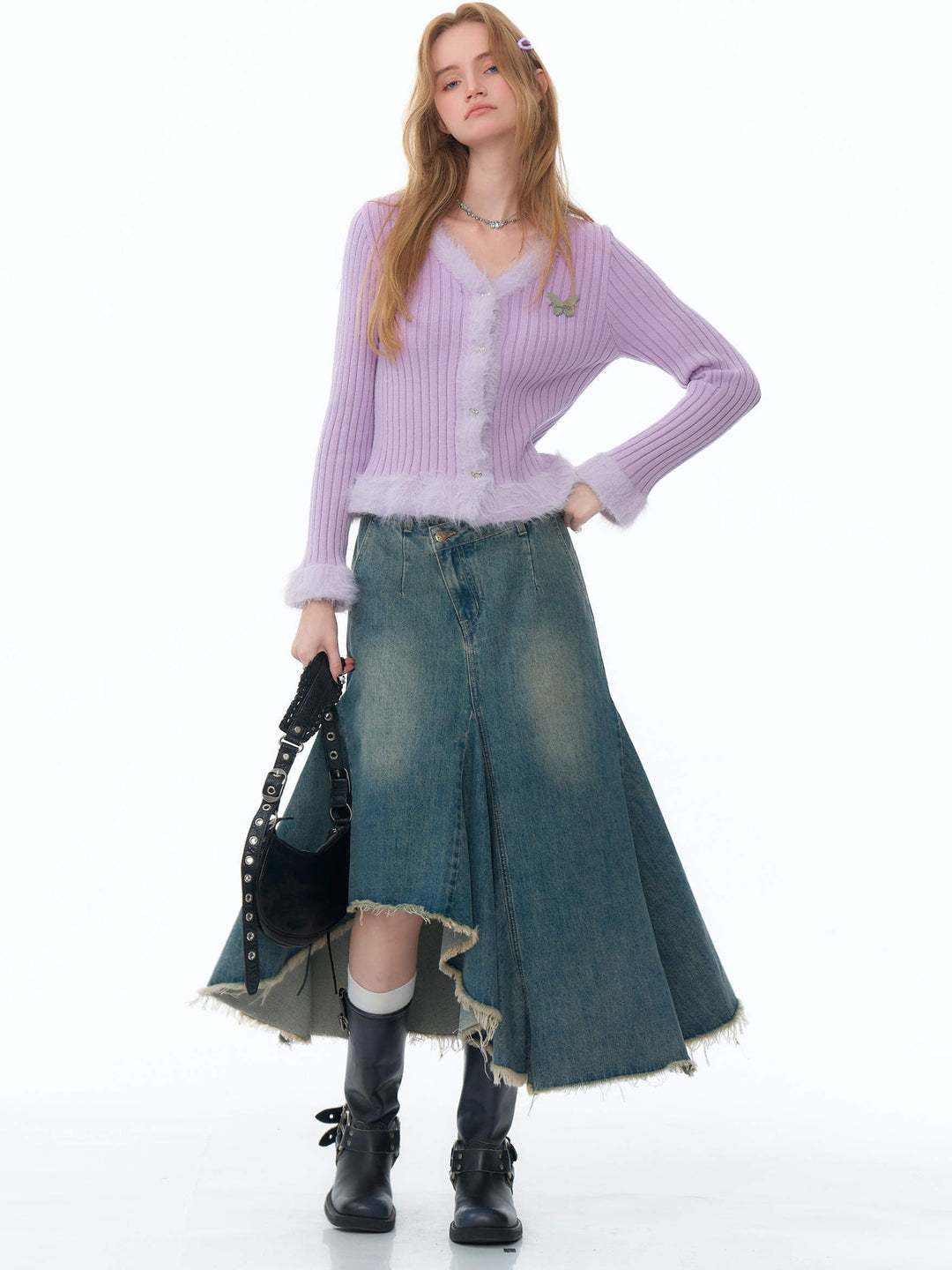 Asymmetric Frayed Hem Denim Midi Skirt