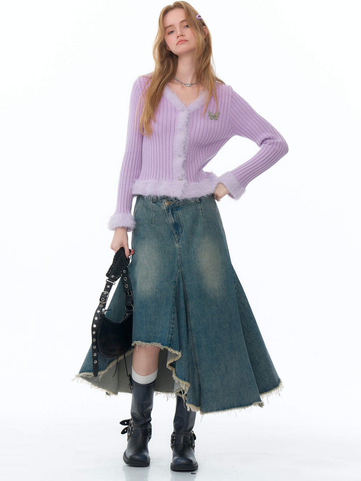 Asymmetric Frayed Hem Denim Midi Skirt
