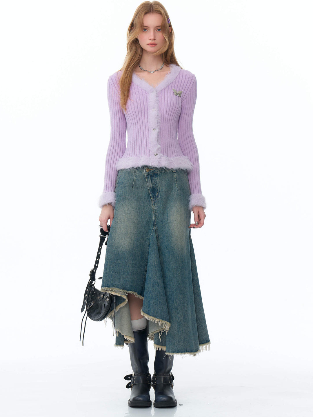 Asymmetric Frayed Hem Denim Midi Skirt
