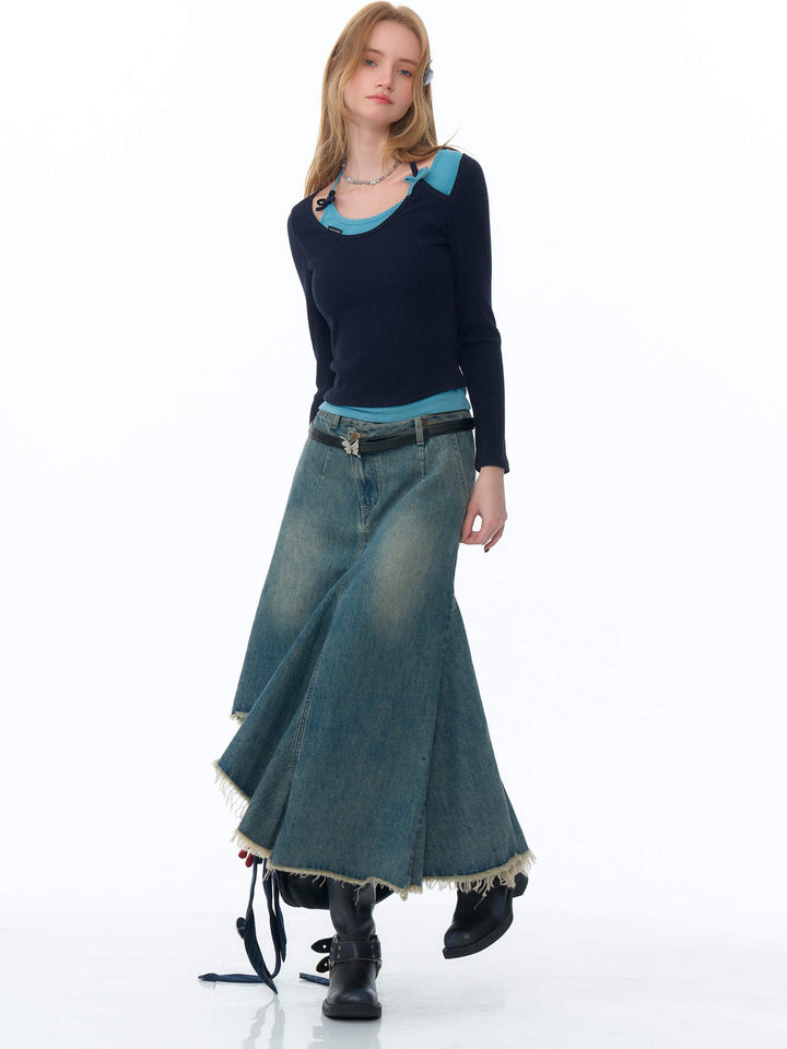 Asymmetric Frayed Hem Denim Midi Skirt