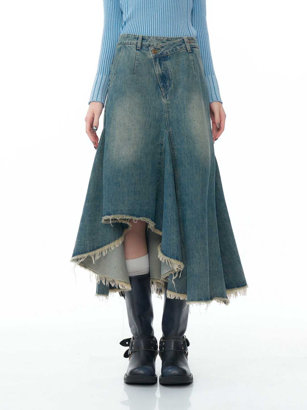 Asymmetric Frayed Hem Denim Midi Skirt