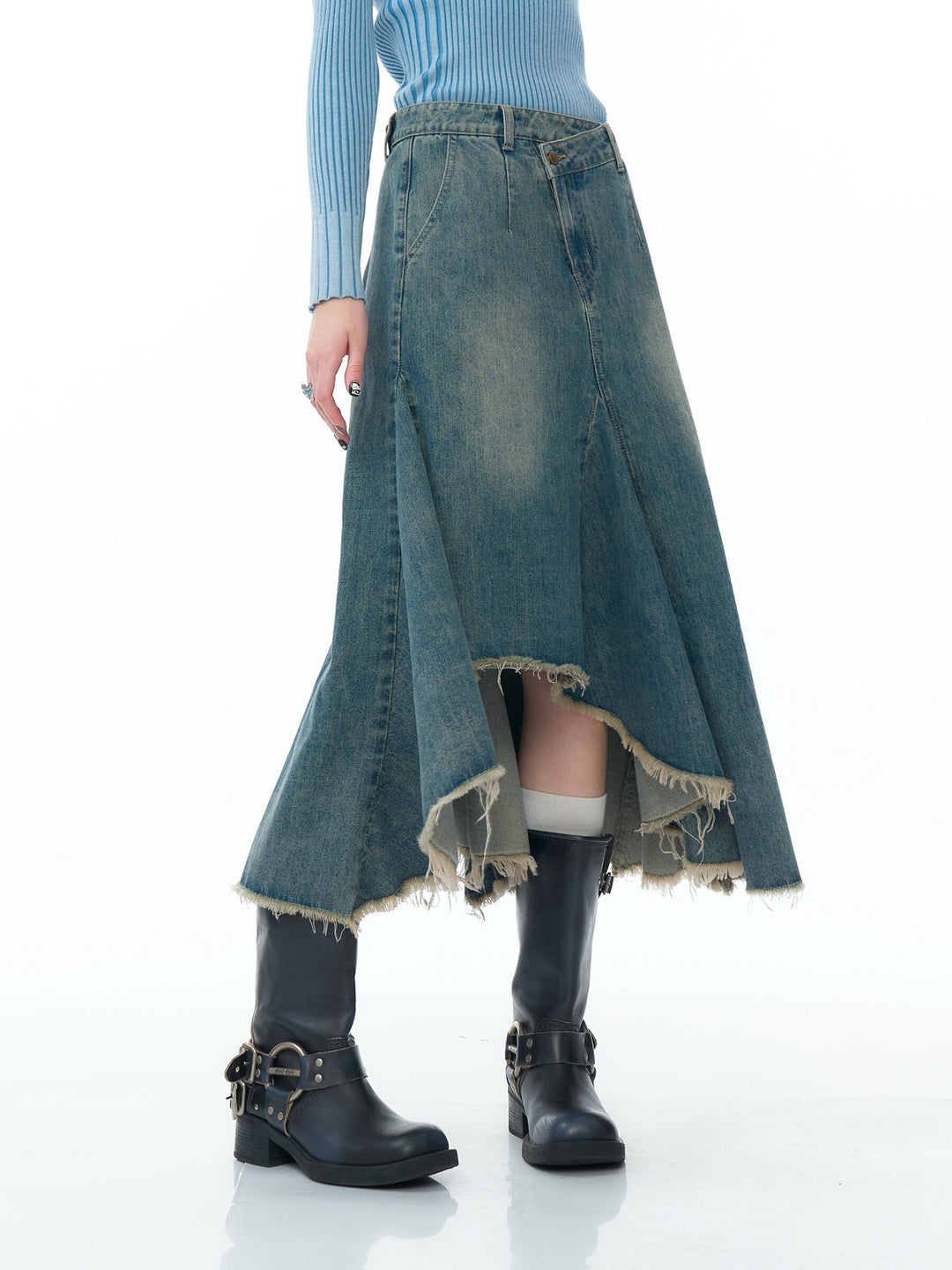 Asymmetric Frayed Hem Denim Midi Skirt