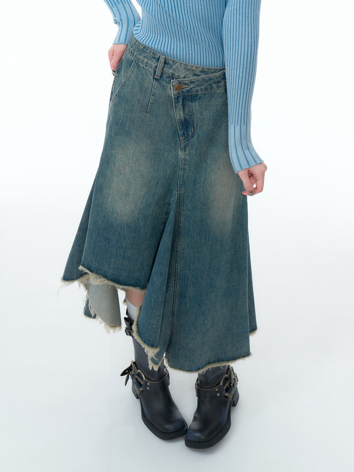 Asymmetric Frayed Hem Denim Midi Skirt