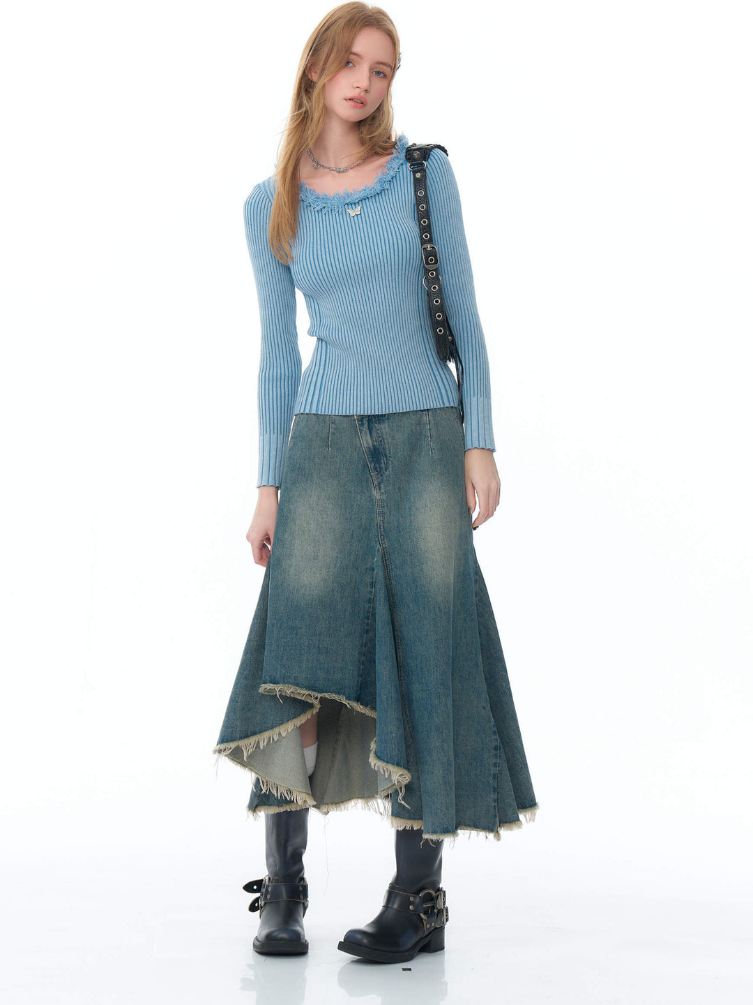 Asymmetric Frayed Hem Denim Midi Skirt