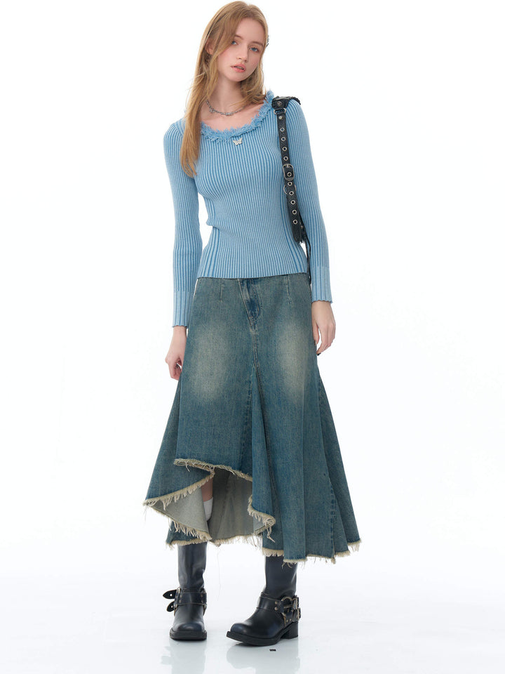 Asymmetric Frayed Hem Denim Midi Skirt