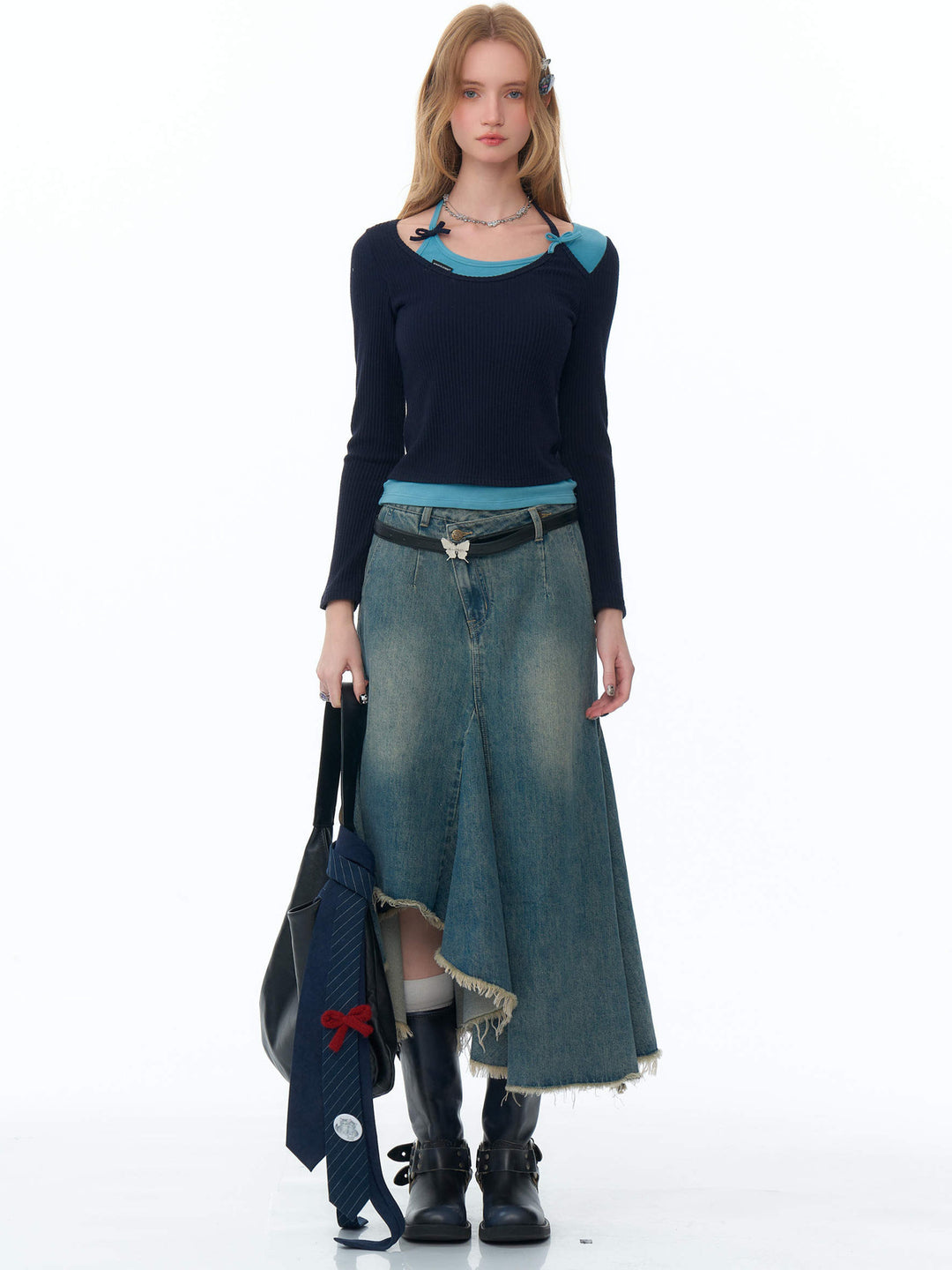 Asymmetric Frayed Hem Denim Midi Skirt