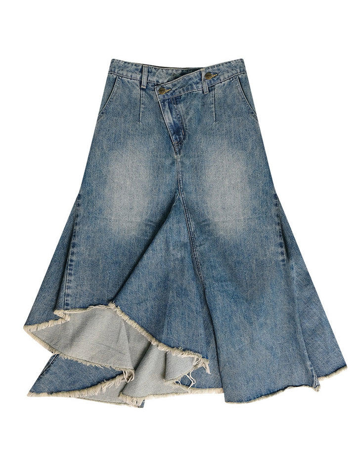 Asymmetric Frayed Hem Denim Midi Skirt