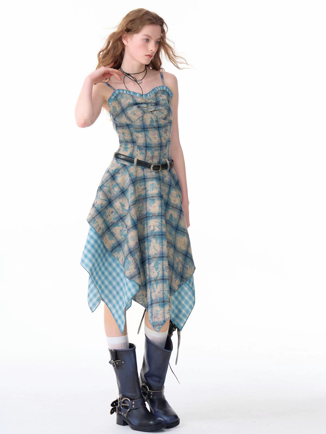 Blue Plaid Handkerchief Cami Dress