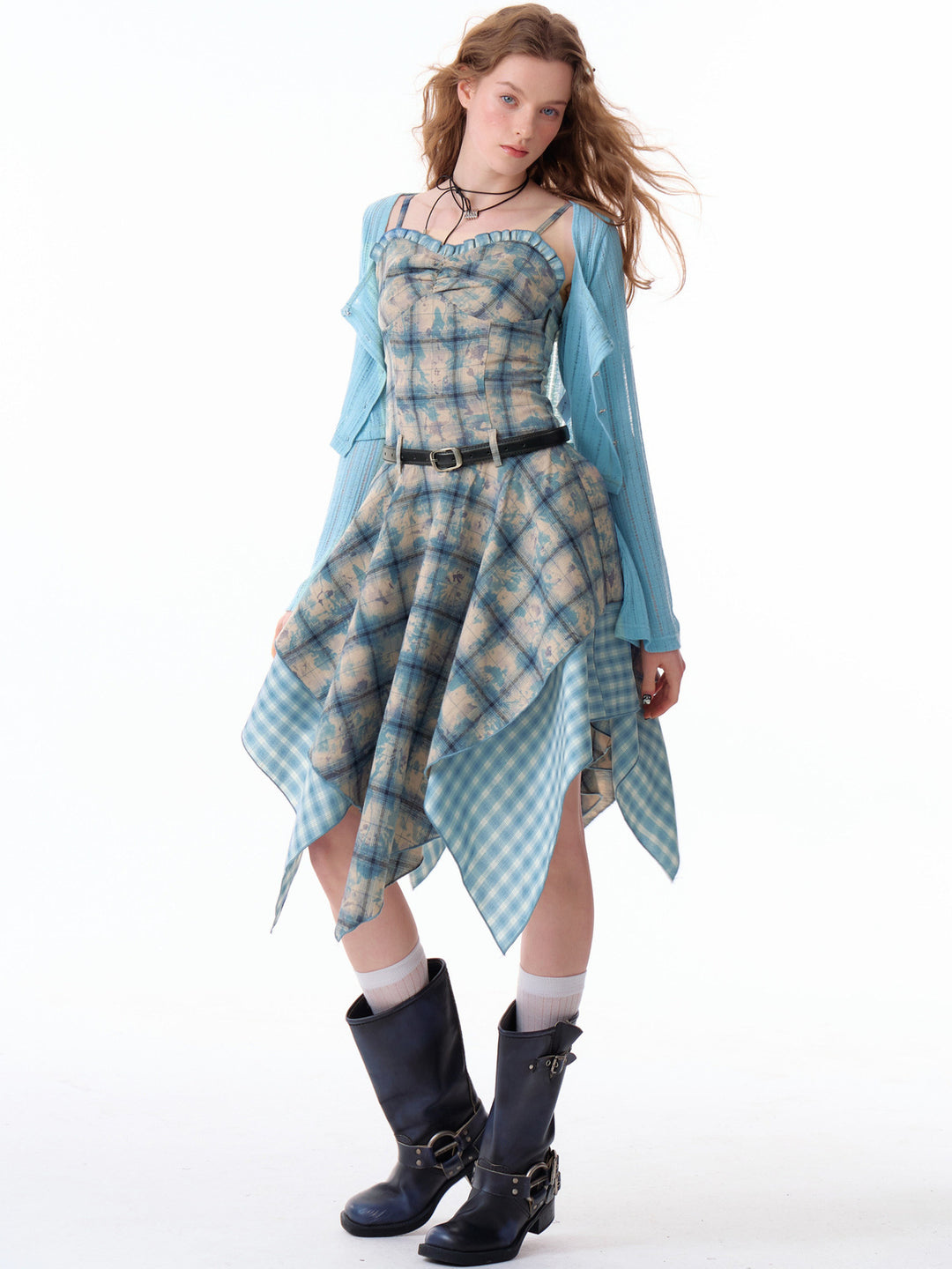 Blue Plaid Handkerchief Cami Dress