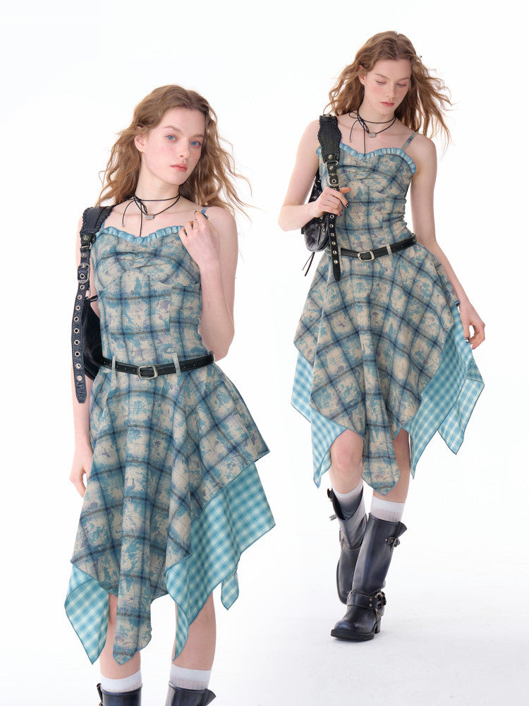 Blue Plaid Handkerchief Cami Dress