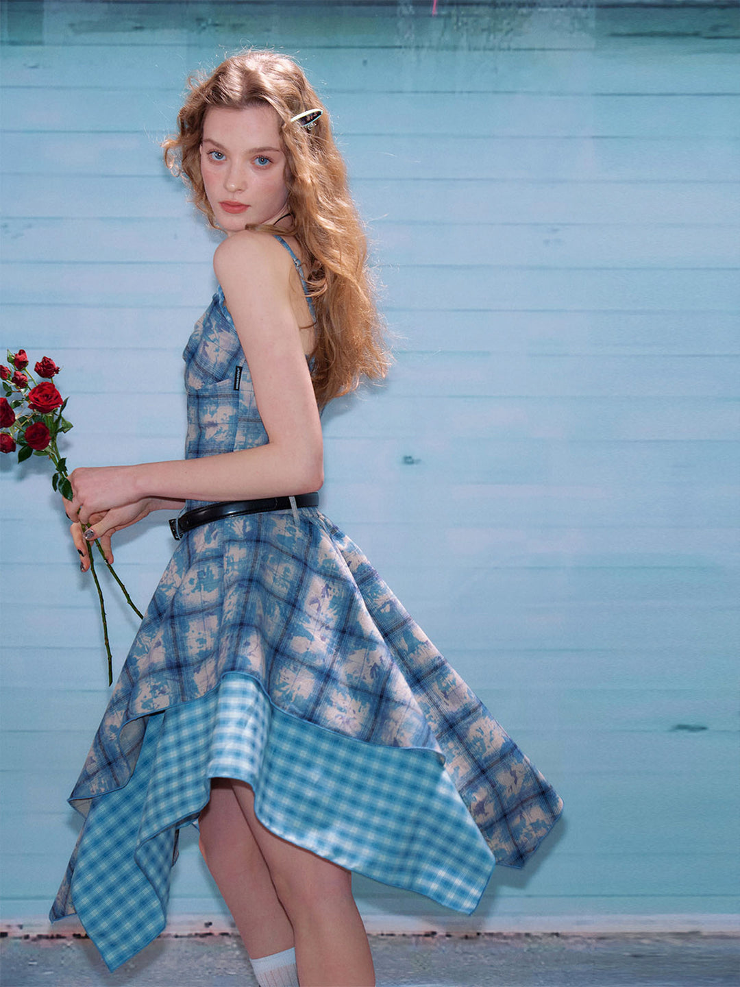 Blue Plaid Handkerchief Cami Dress