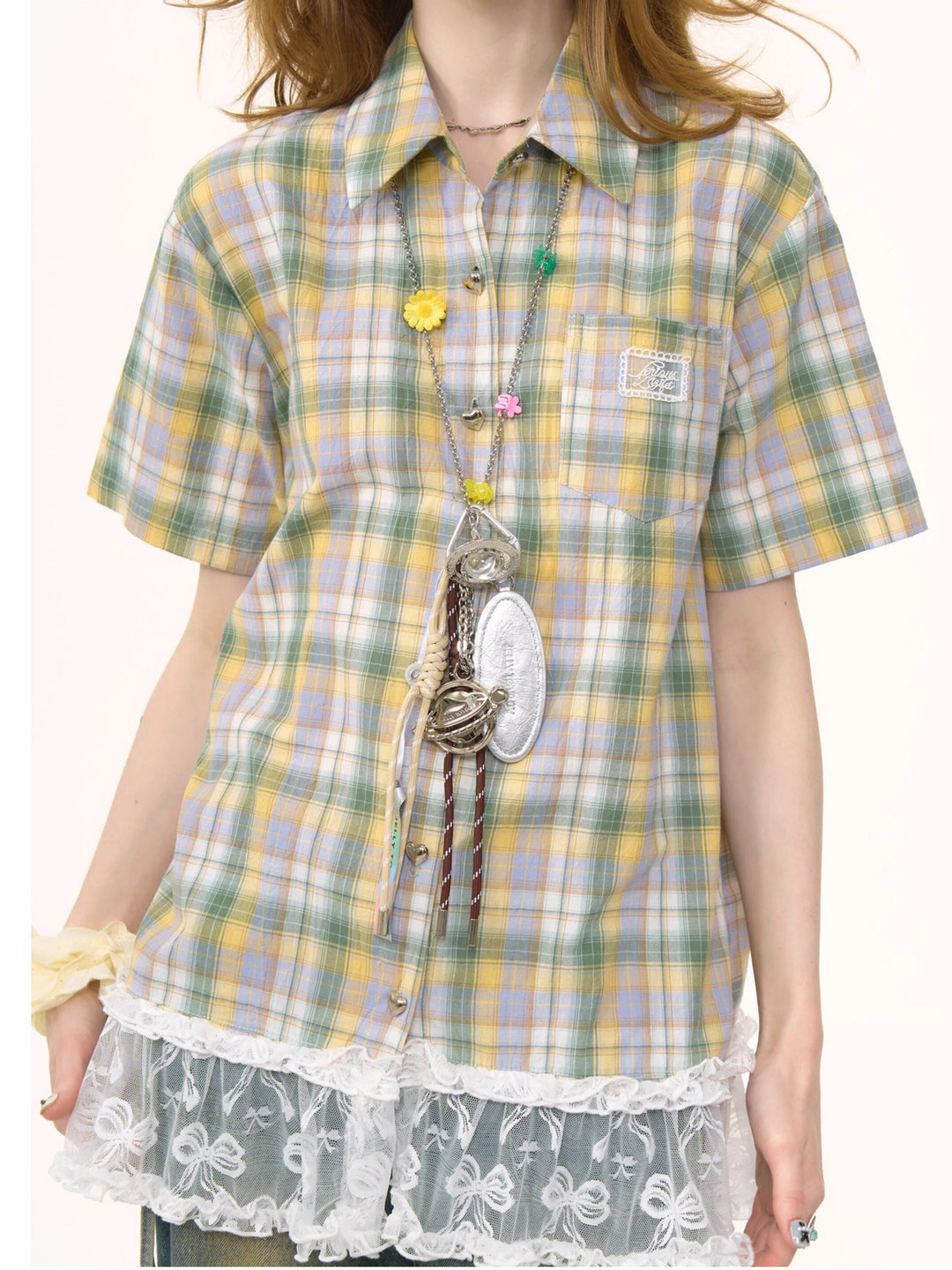 Green Plaid Lace Hem Shirt