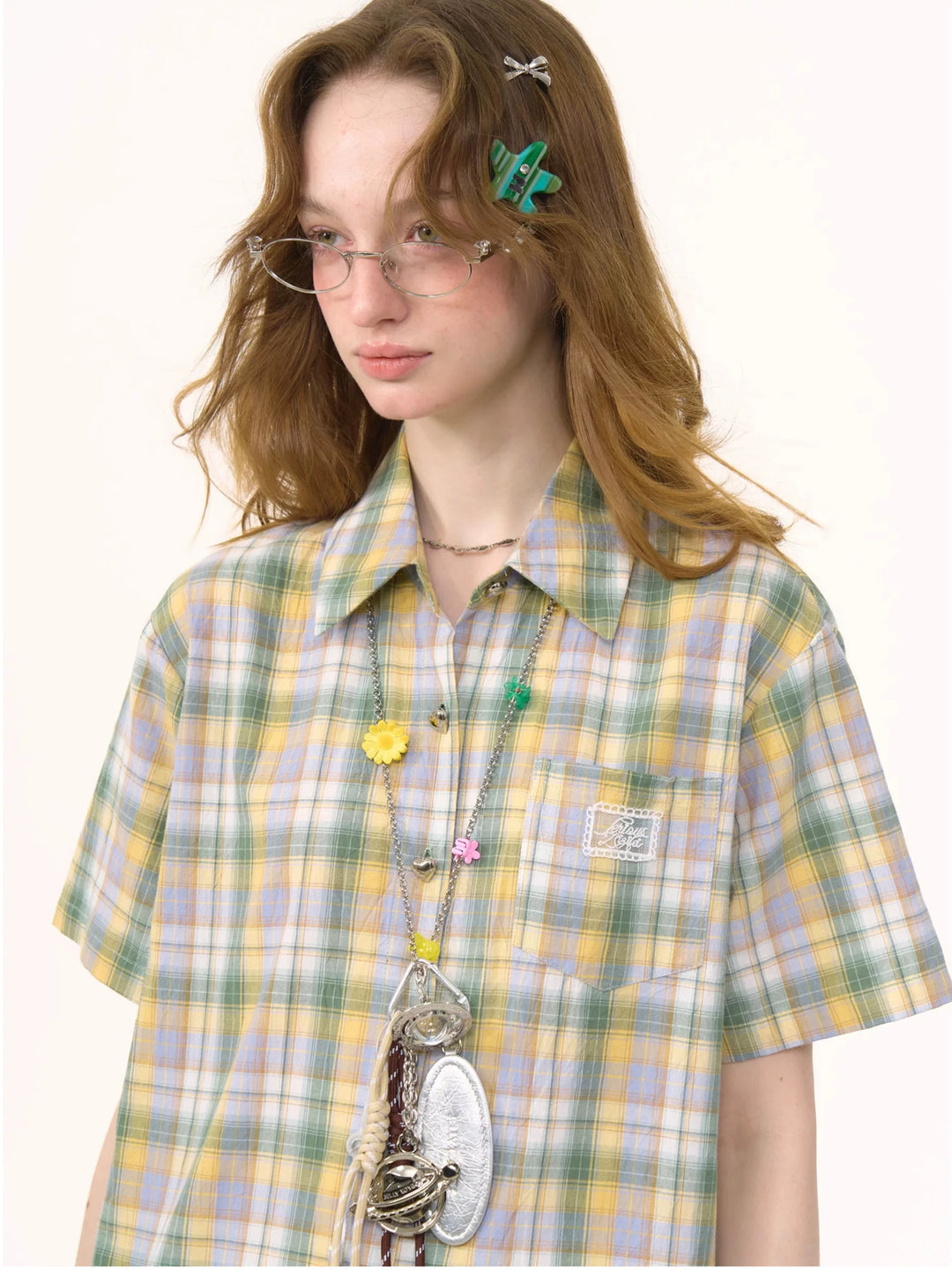 Green Plaid Lace Hem Shirt