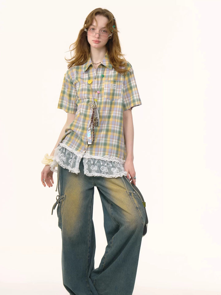 Green Plaid Lace Hem Shirt