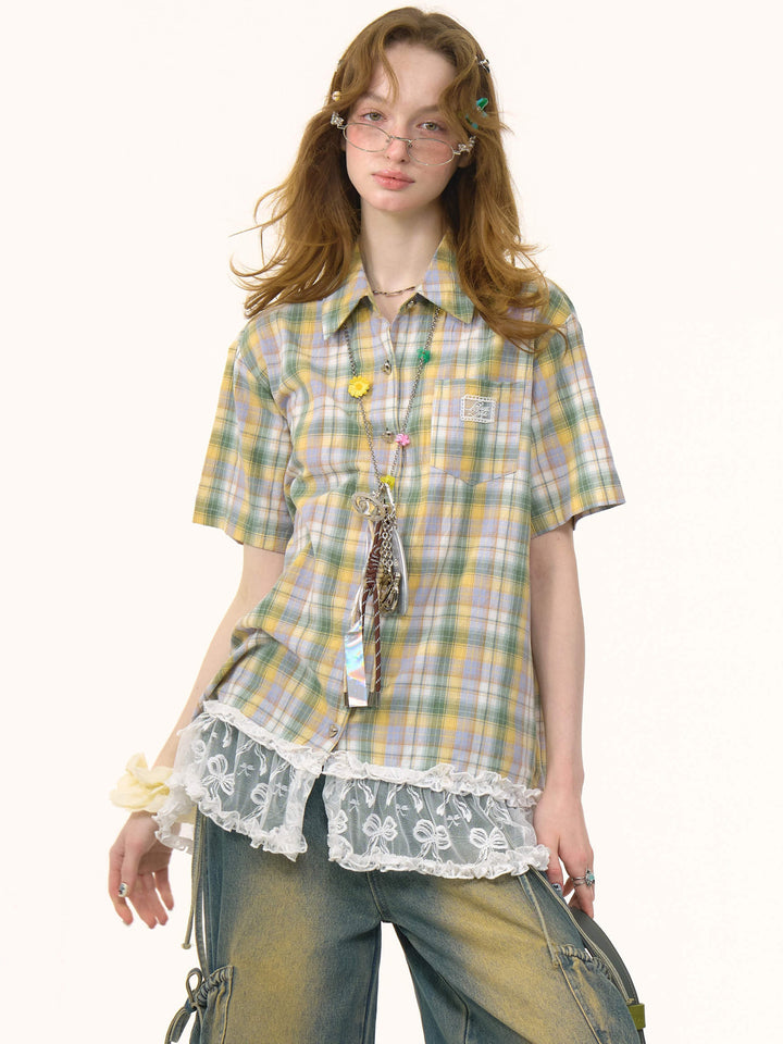 Green Plaid Lace Hem Shirt