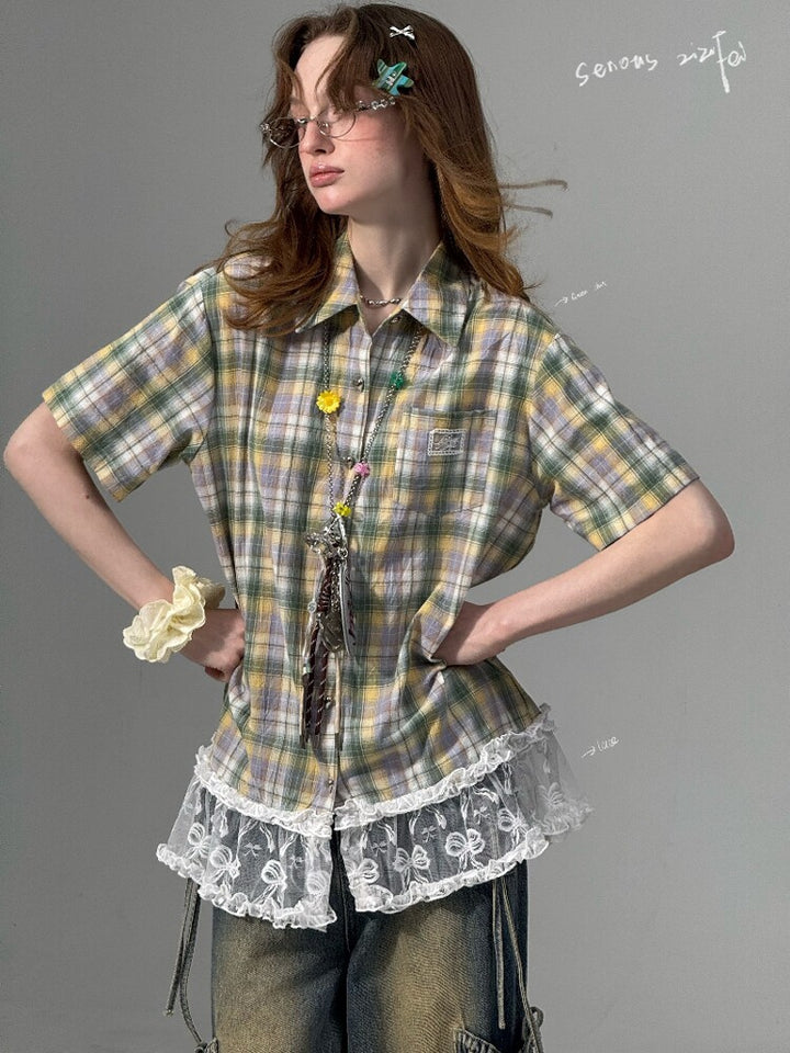 Green Plaid Lace Hem Shirt