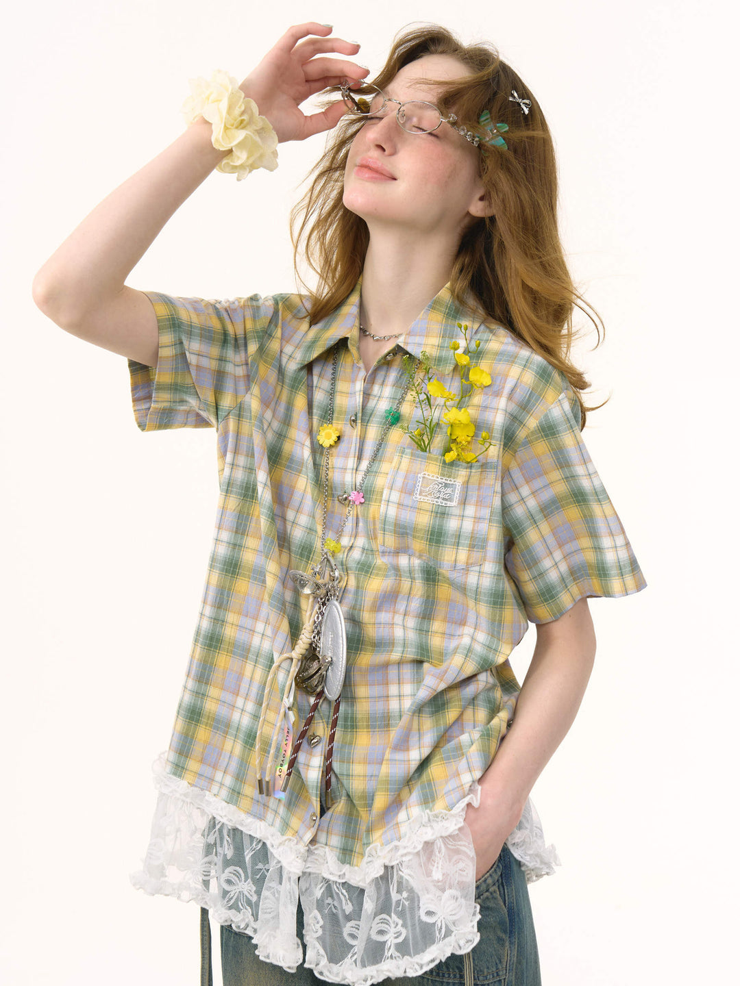 Green Plaid Lace Hem Shirt