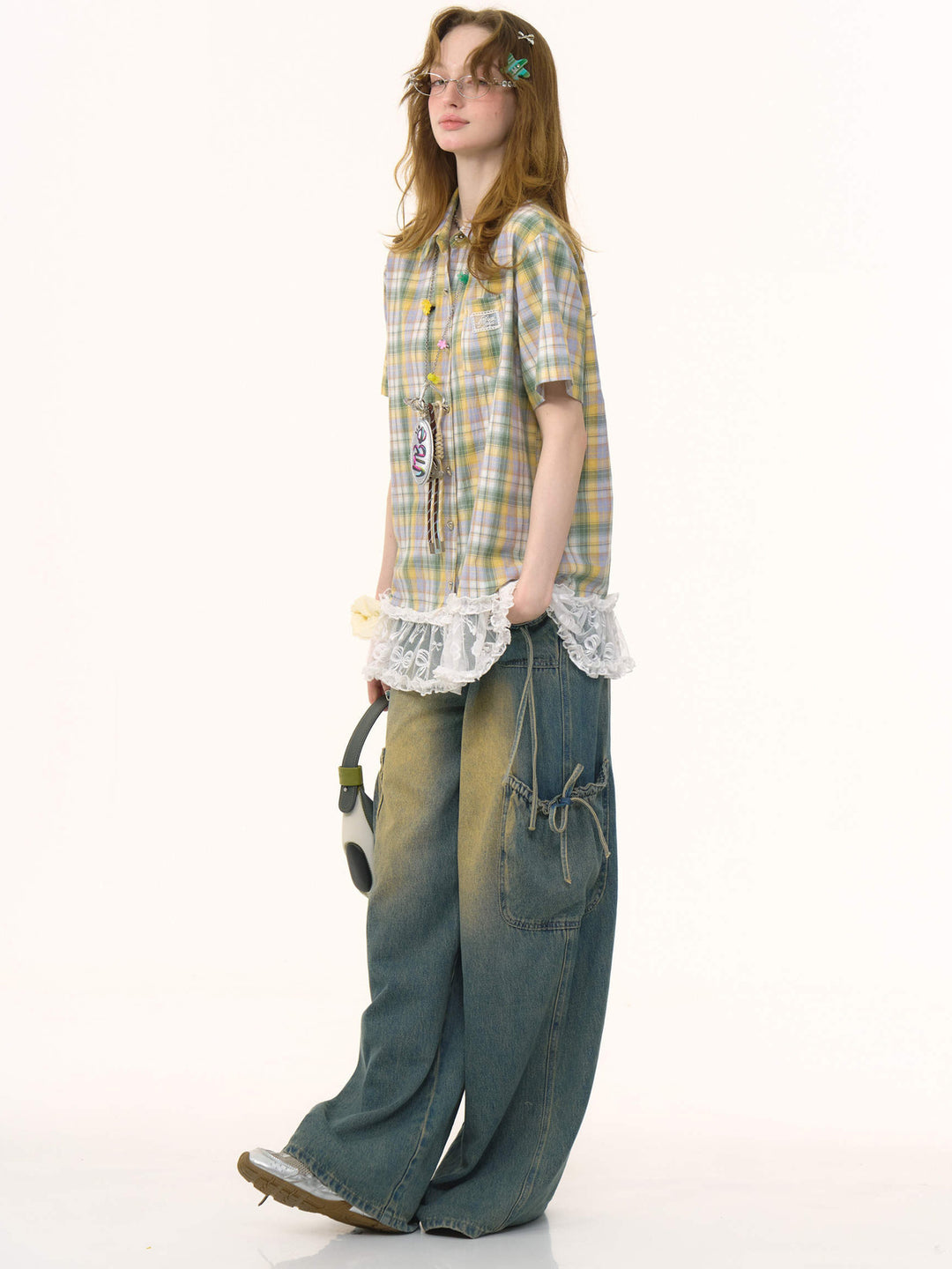 Green Plaid Lace Hem Shirt