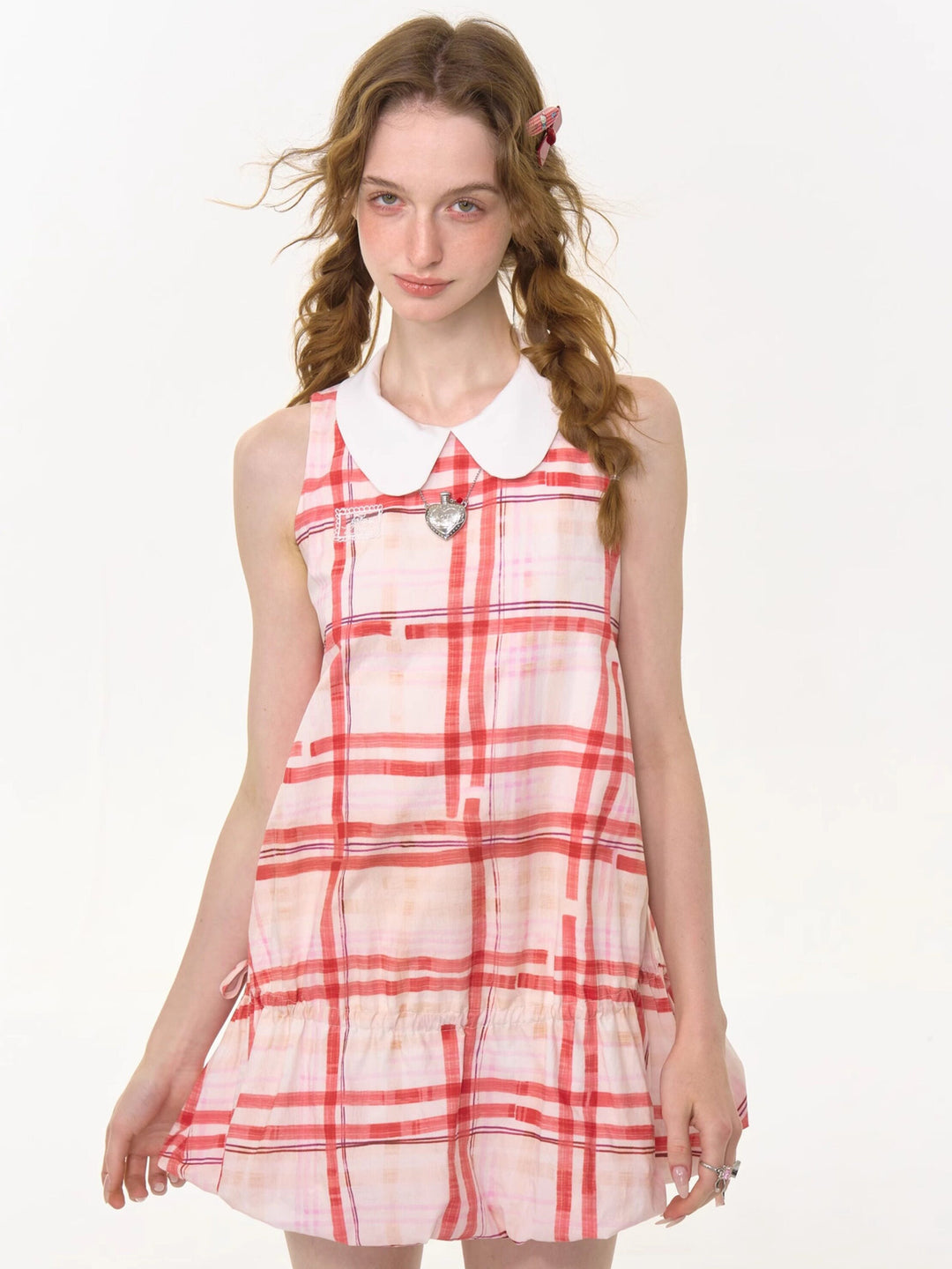 Red Plaid Drawstring Waist Mini Dress