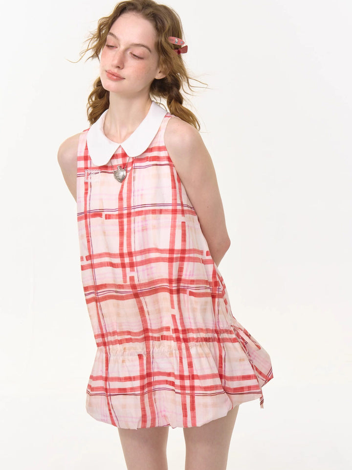 Red Plaid Drawstring Waist Mini Dress