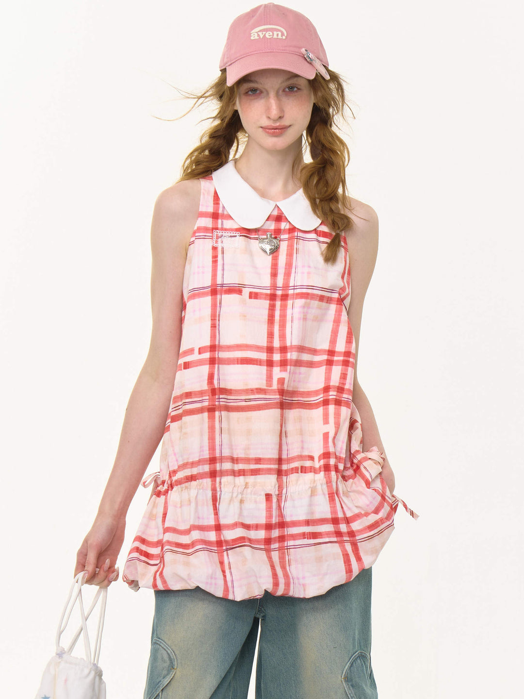 Red Plaid Drawstring Waist Mini Dress