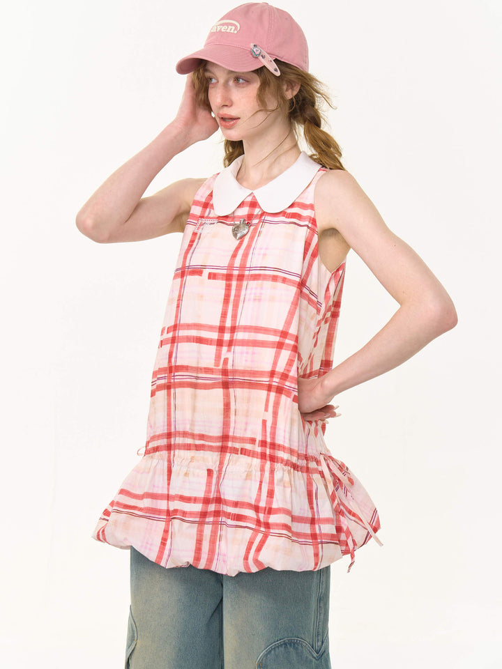 Red Plaid Drawstring Waist Mini Dress