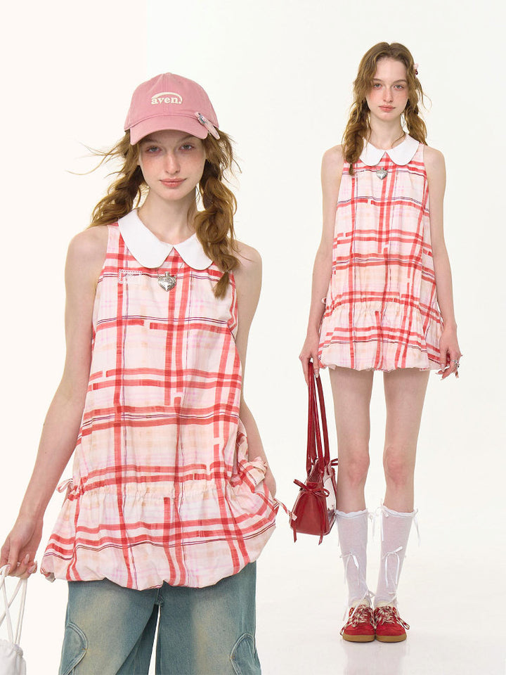Red Plaid Drawstring Waist Mini Dress