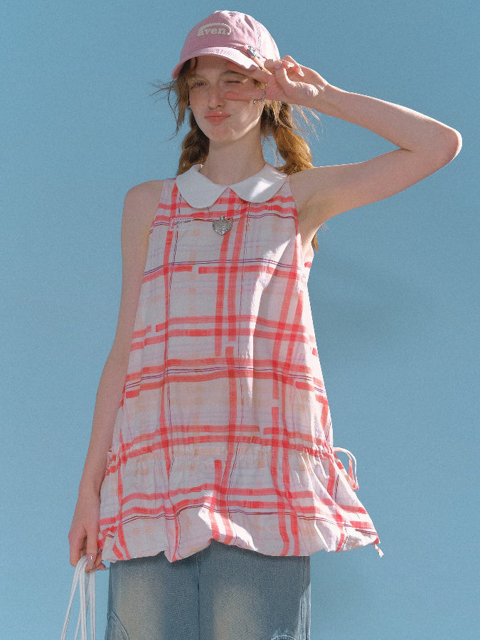 Red Plaid Drawstring Waist Mini Dress