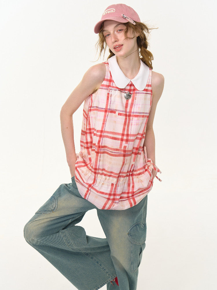 Red Plaid Drawstring Waist Mini Dress