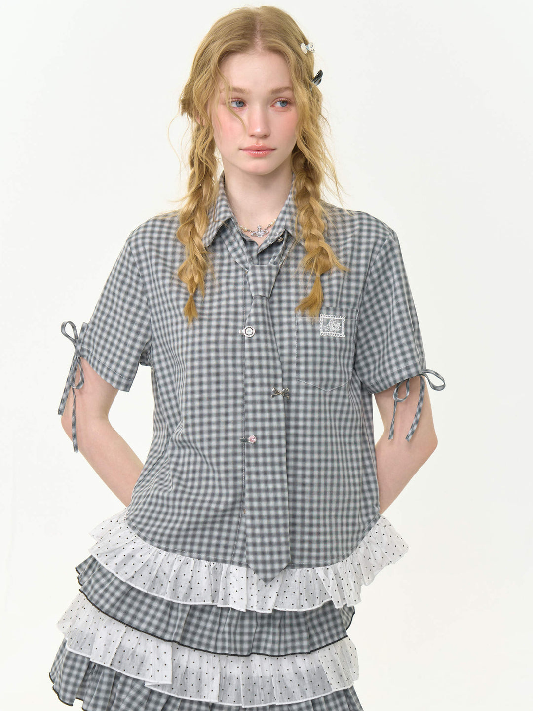 Gingham Polka Dot Ruffle Shirt