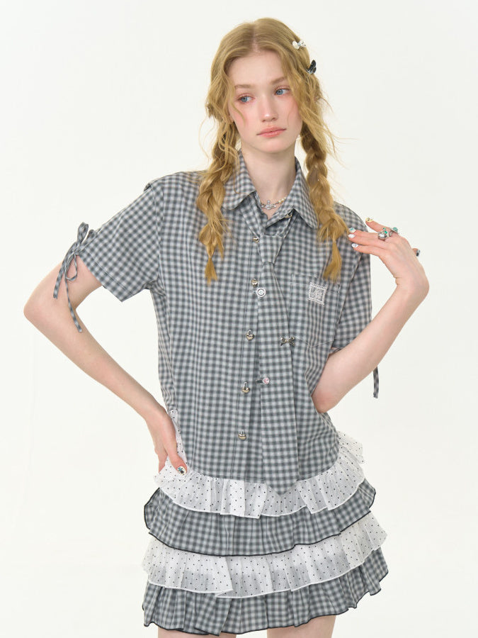 Gingham Polka Dot Ruffle Shirt