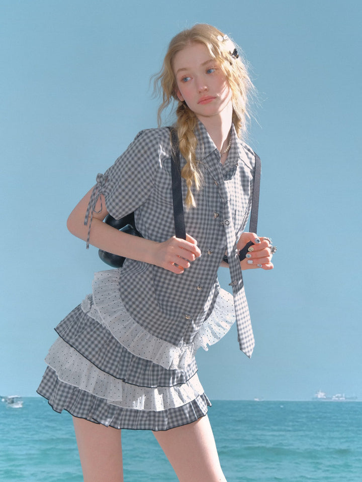 Gingham Polka Dot Ruffle Shirt