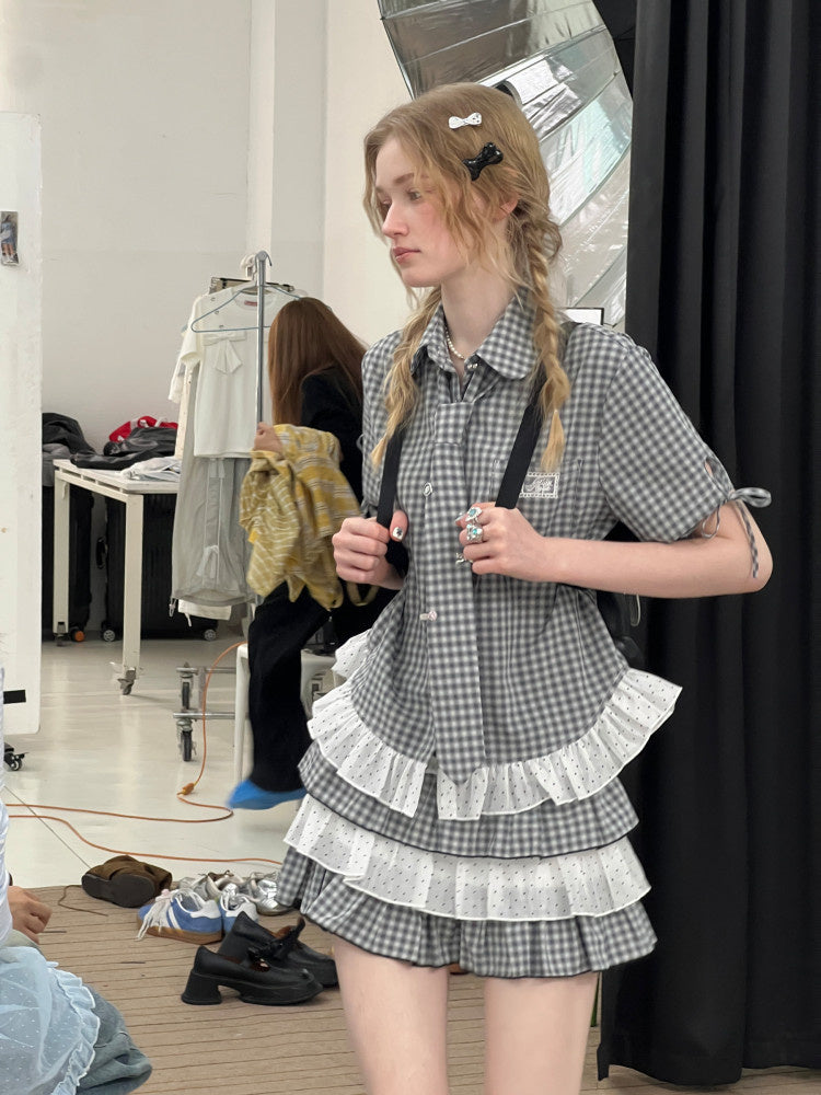 Gingham Polka Dot Ruffle Shirt