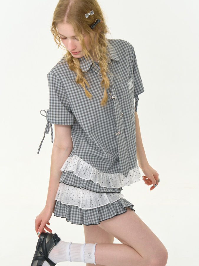 Gingham Polka Dot Ruffle Shirt